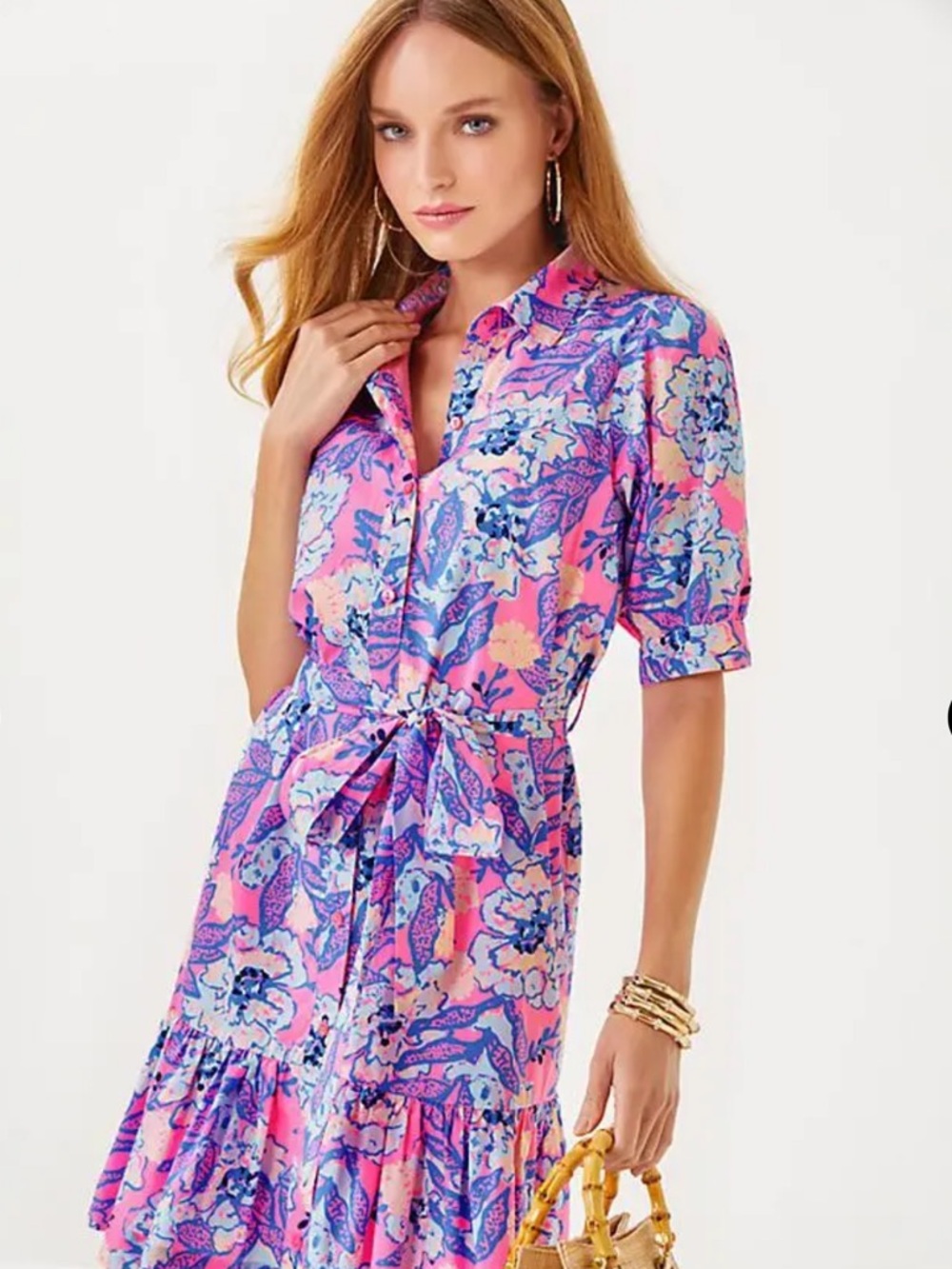 Lilly Pulitzer Pink Blue Floral Shirt Dress Size 2 NWT Tie Waist Mini